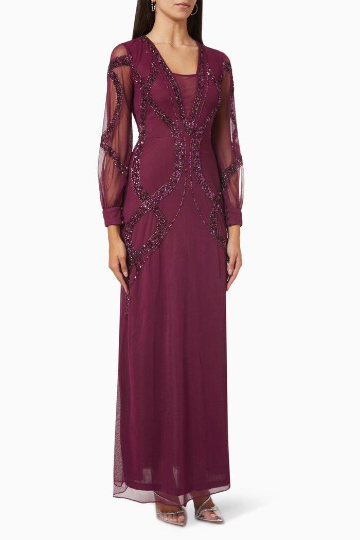 

Sequin Embellished Gown in Tulle Mesh, Burgundy