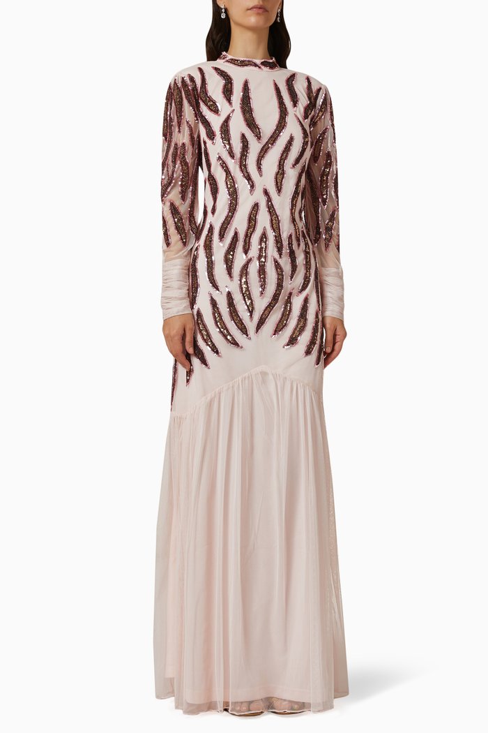 

Feathers Sequin Embellished Gown in Tulle Mesh, Pink