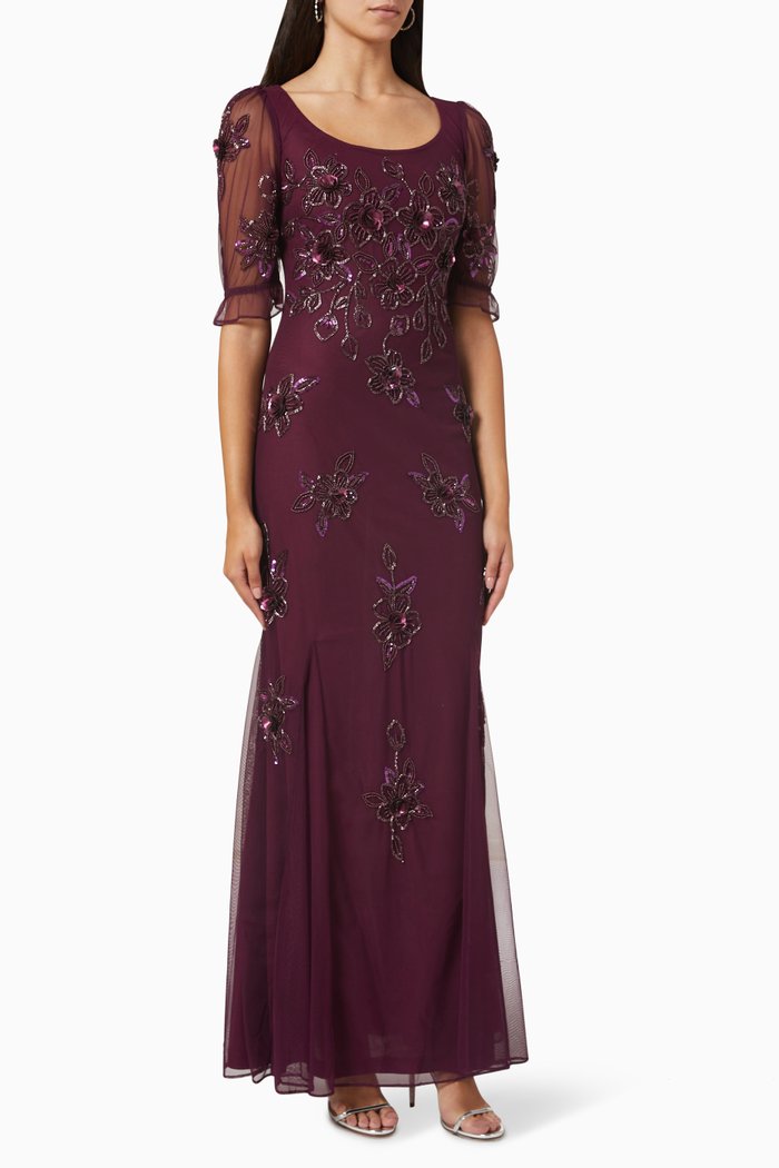 

Sequin Embellished Gown in Tulle Mesh, Purple