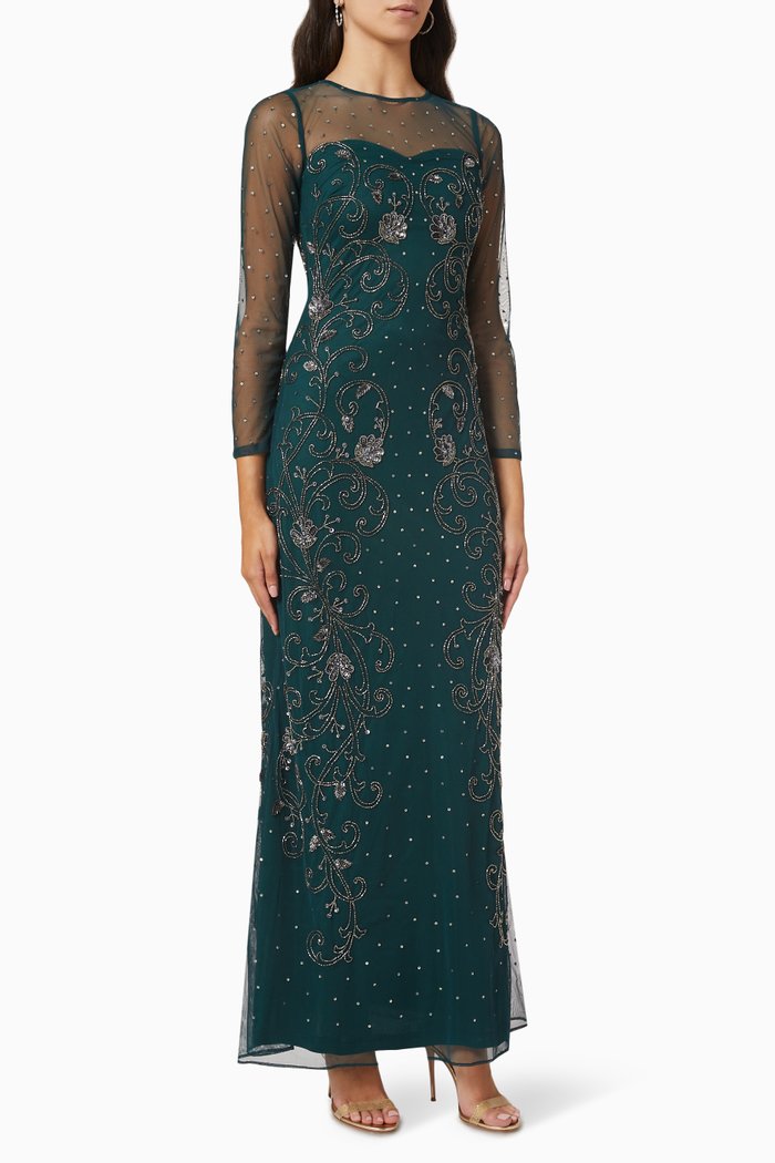 

Sequin Embellished Gown in Tulle Mesh, Green