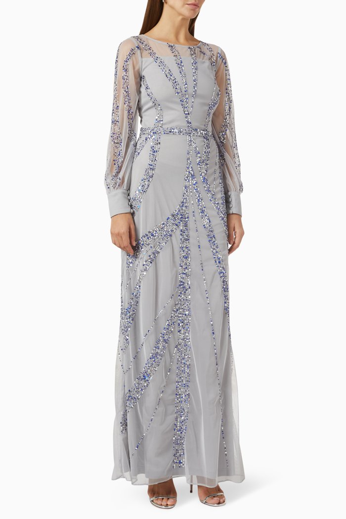 

Long Sleeve Gown in Embellished Tulle, Grey