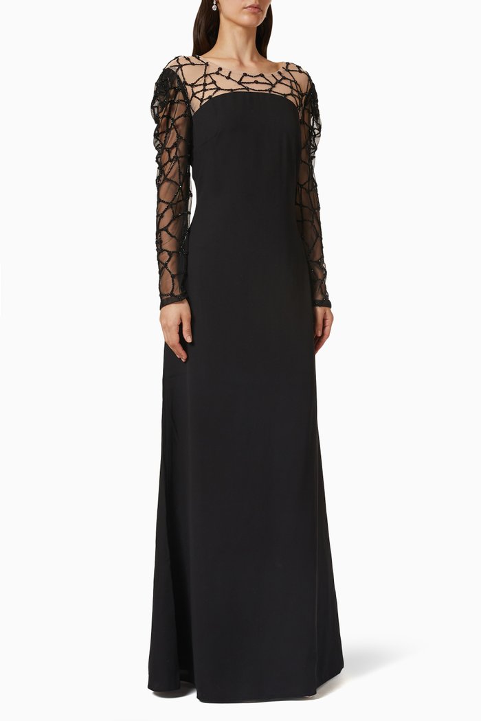 

Sequin Embellished Gown in Tulle Mesh, Black