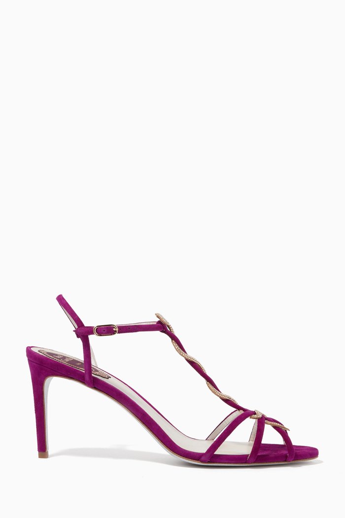 

Embellished Crystal Snake Heel Sandals in Suede, Purple