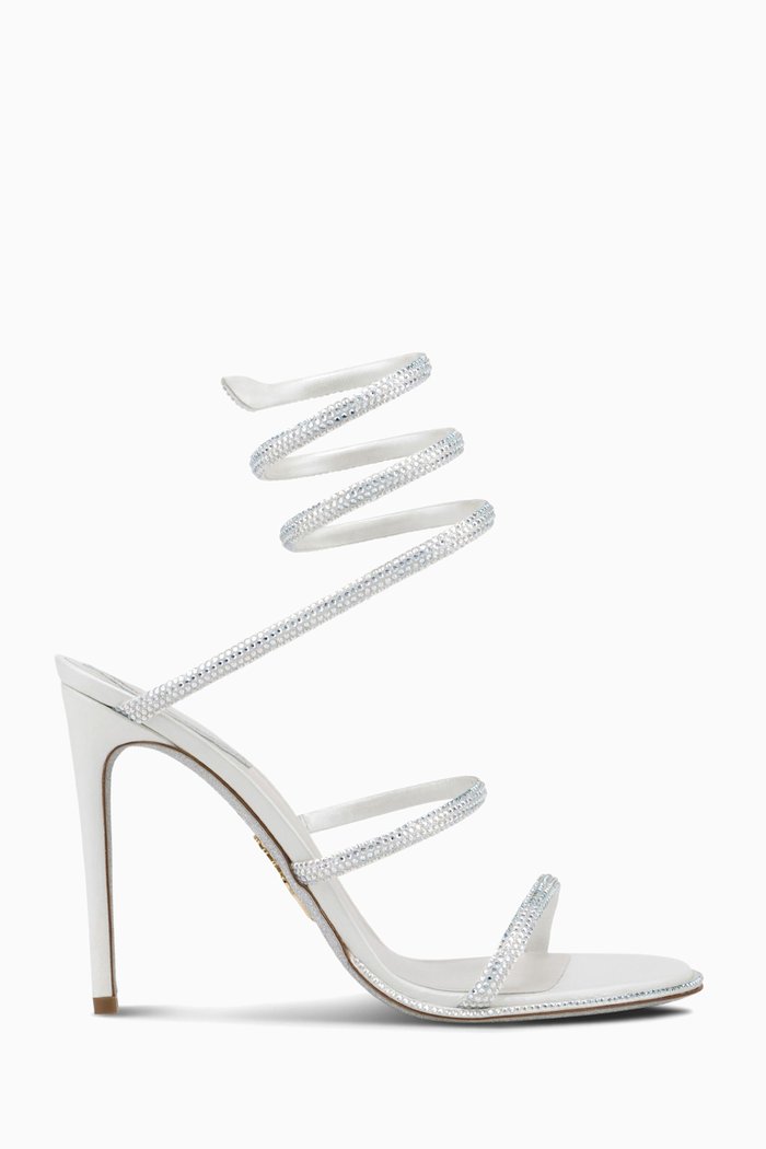 105 Rhinestone Embellished Snake Sandals in Satin, White