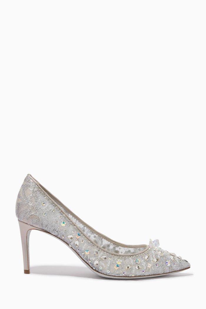 

Décolleté Cinderella Pumps in Lace & Leather, Silver