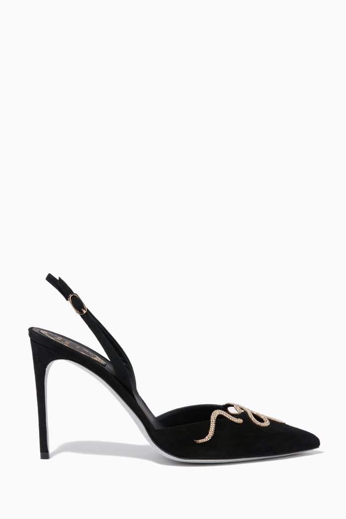 

Snake Embellished Slingback Heel Sandals in Suede, Black