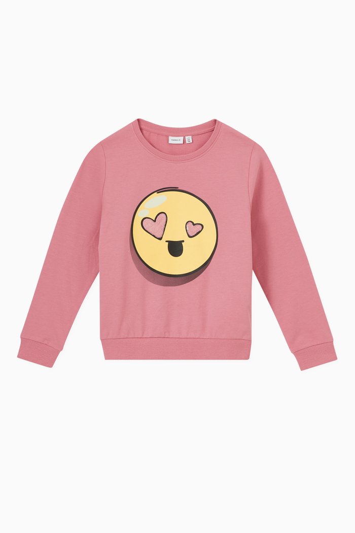 

Smiley Print Sweatshirt in Organic Cotton, Pink