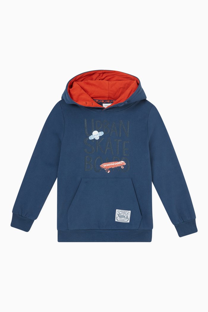 

Skateboard Print Hoodie in Cotton, Blue