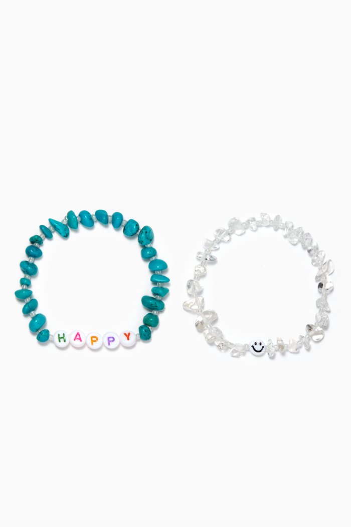 

"Happy" Turquoise & "Smiley Guy" Clear Quartz Crystal Healing Bracelet Set, Blue