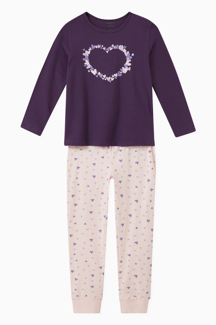 

Heart Print Pyjama Set in Organic Cotton, Purple