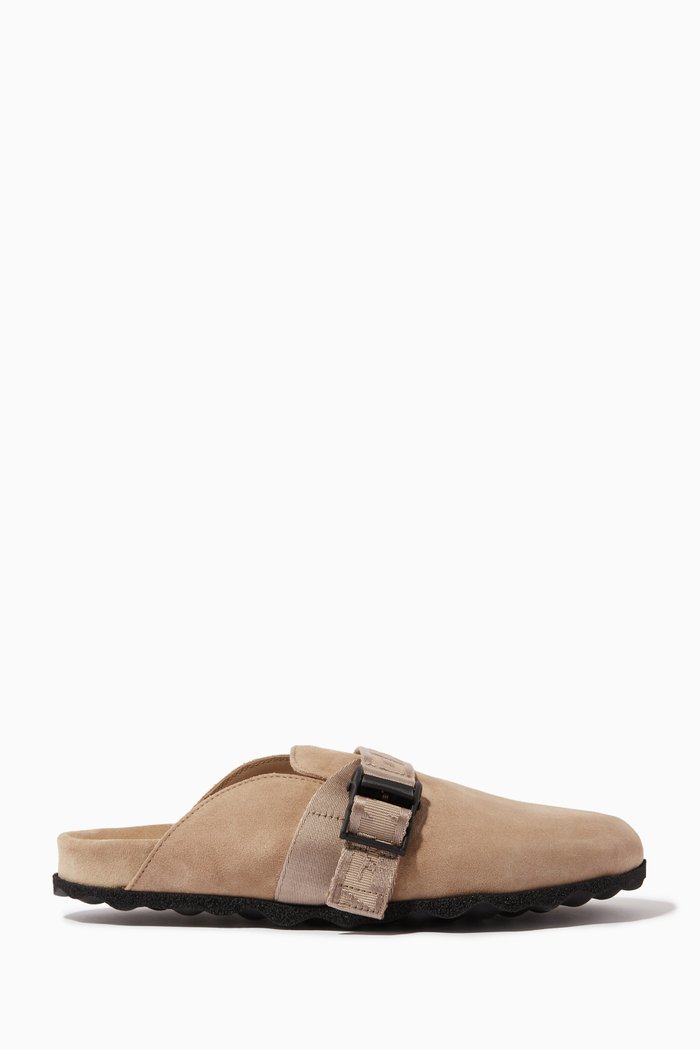 

Industrial Logo Belt Sabot Slides in Suede, Neutral