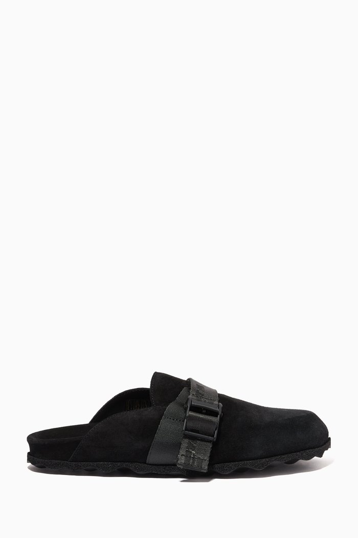 

Industrial Logo Belt Sabot Slides in Suede, Black