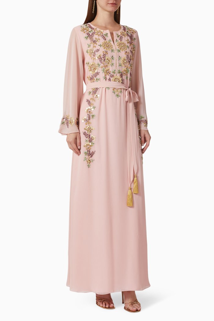 

Lina Embroidered Kaftan in Chiffon, Pink