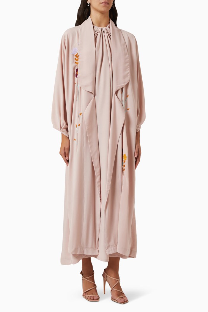 

Embroidered Abaya Set in Taffeta, Pink