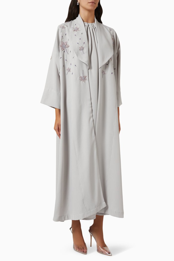 

Embellished Coat Style Abaya Set in Taffeta, Neutral