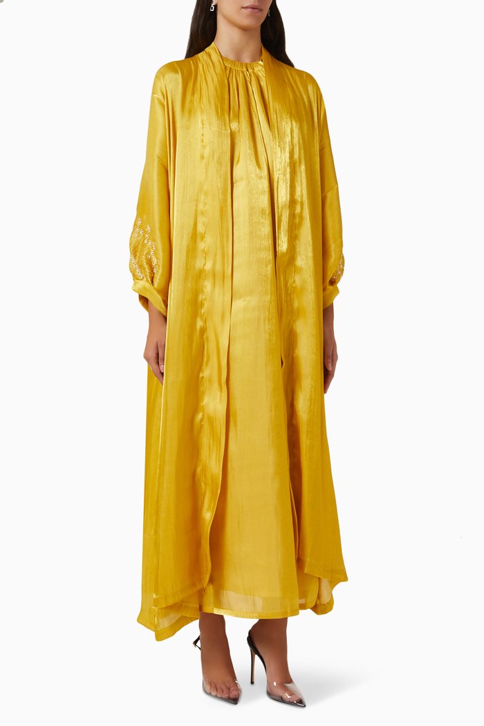 Embellished Abaya Set in Silk, Yellow