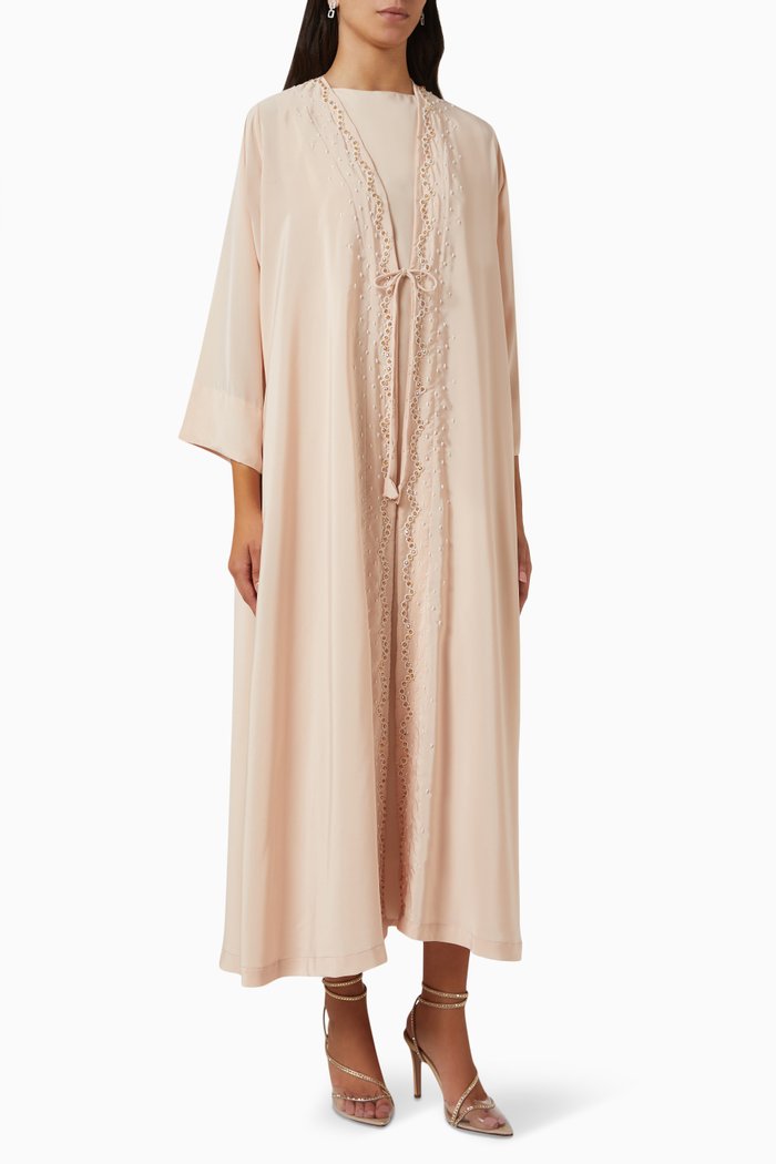

Embellished Abaya Set in Silk Crepe, Pink