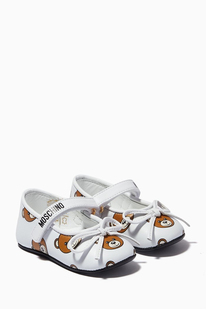 

Teddy Bear Logo Ballerinas in Leather, White