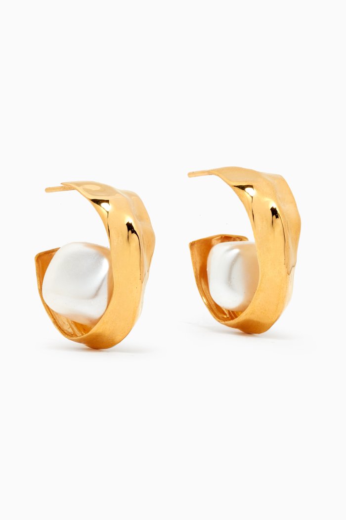 

Crest Pearl Hoops in 22kt Gold-plated Bronze, White