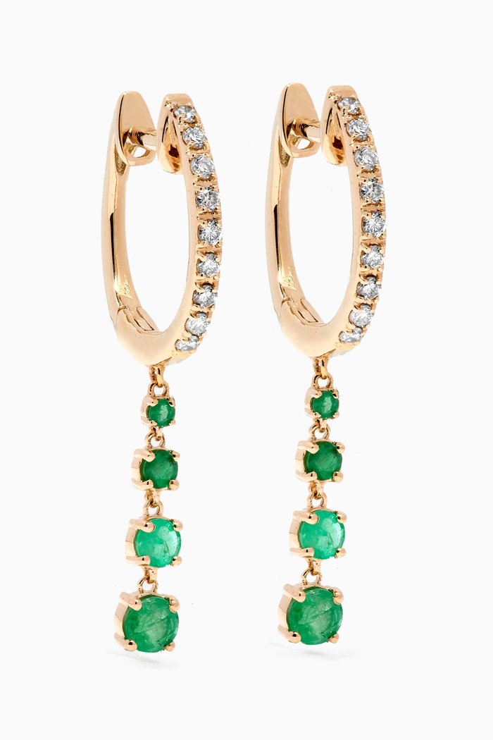 

Diamond X Emerald Dangling Drop Huggie Earrings in 14kt Yellow Gold