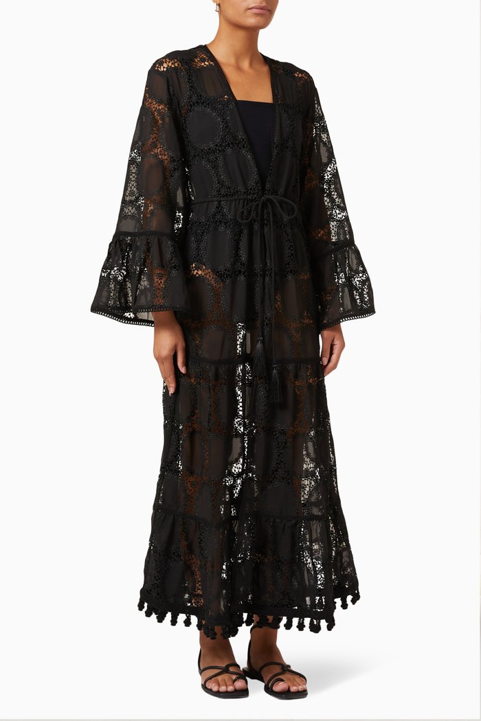 

Josefine Long Sleeve Kaftan in Macramé, Black
