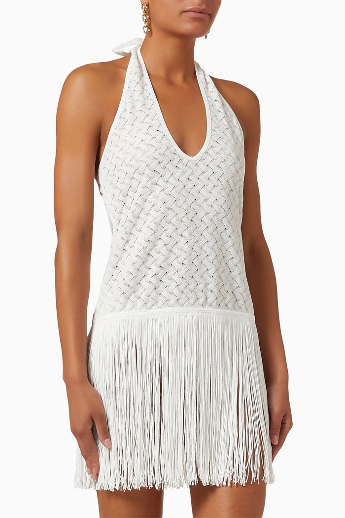 

Trinidad Fringe Mini Dress in Crochet Knit, White