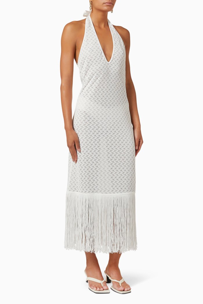 

Levisa Fringe Midi Dress in Crochet Knit, White