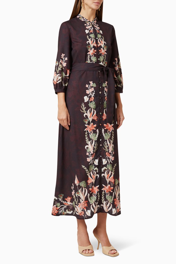 

Placement Print Belted Dress, Brown