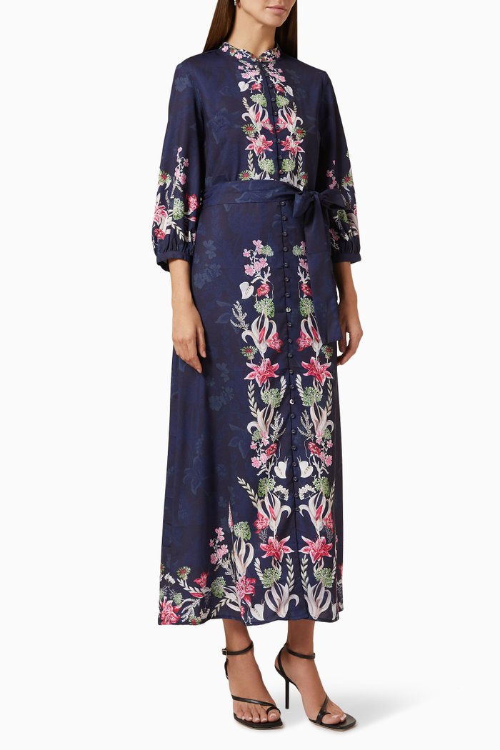 

Placement Print Belted Dress, Blue