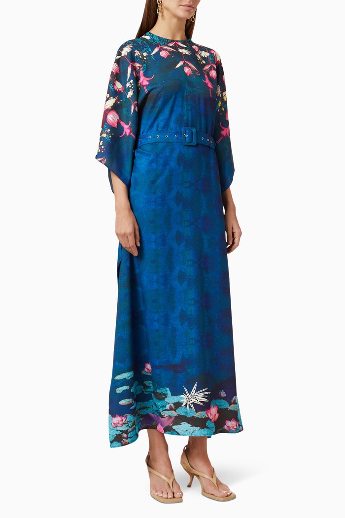 

Placement Print Belted Dress, Blue