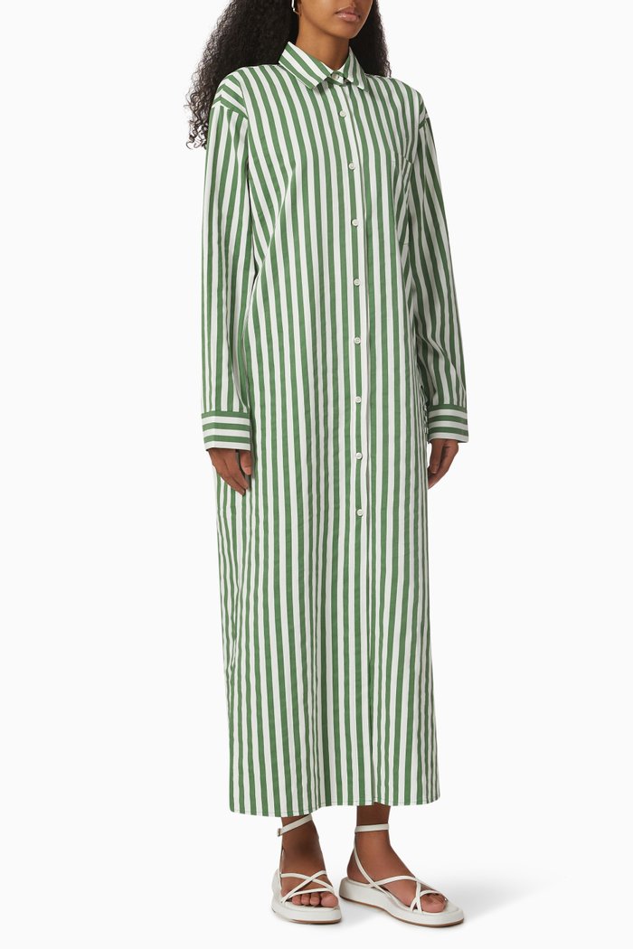 Cala Striped Shirt Maxi Dress in Cotton Poplin, Green