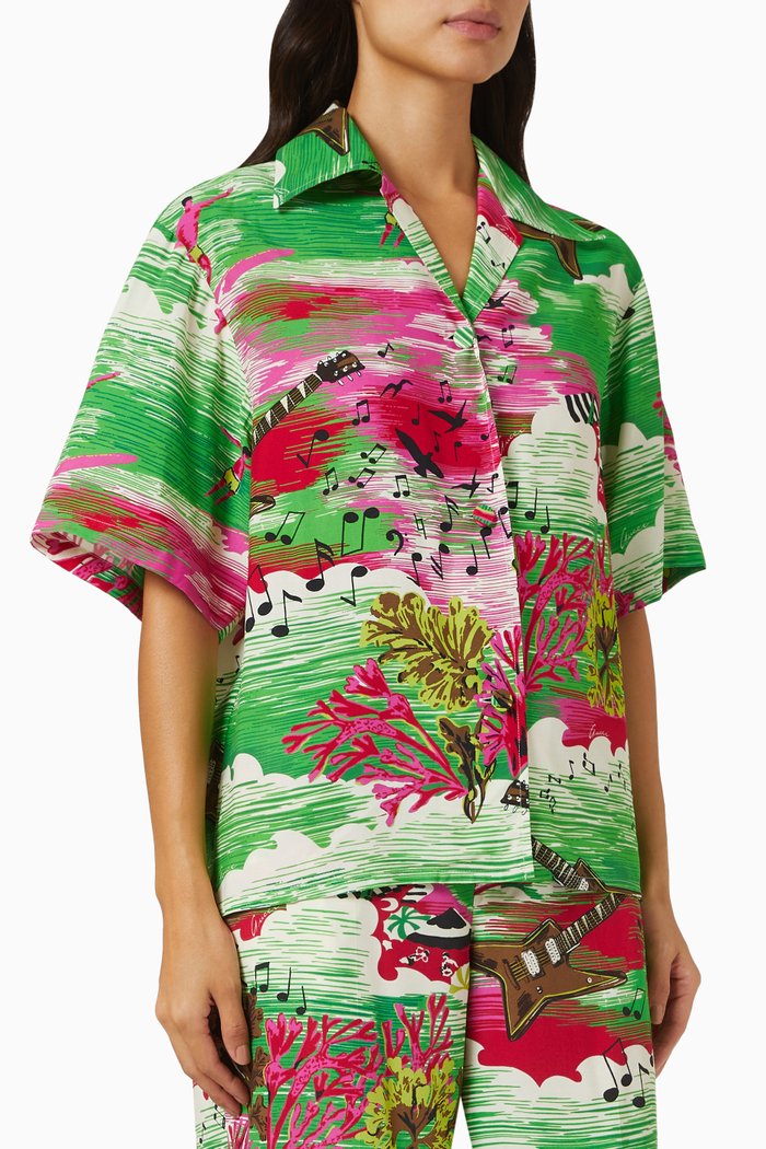 

Music Ocean Print Bowling Shirt in Viscose, Green