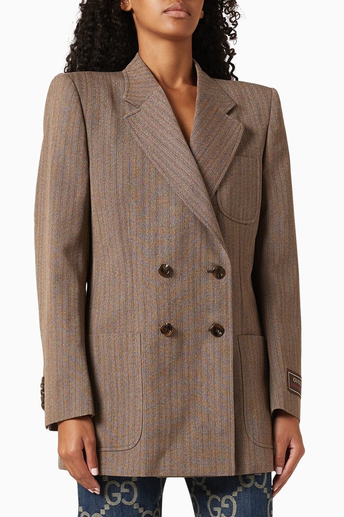 

Double Breasted Jacket in Herringbone Wool, Brown
