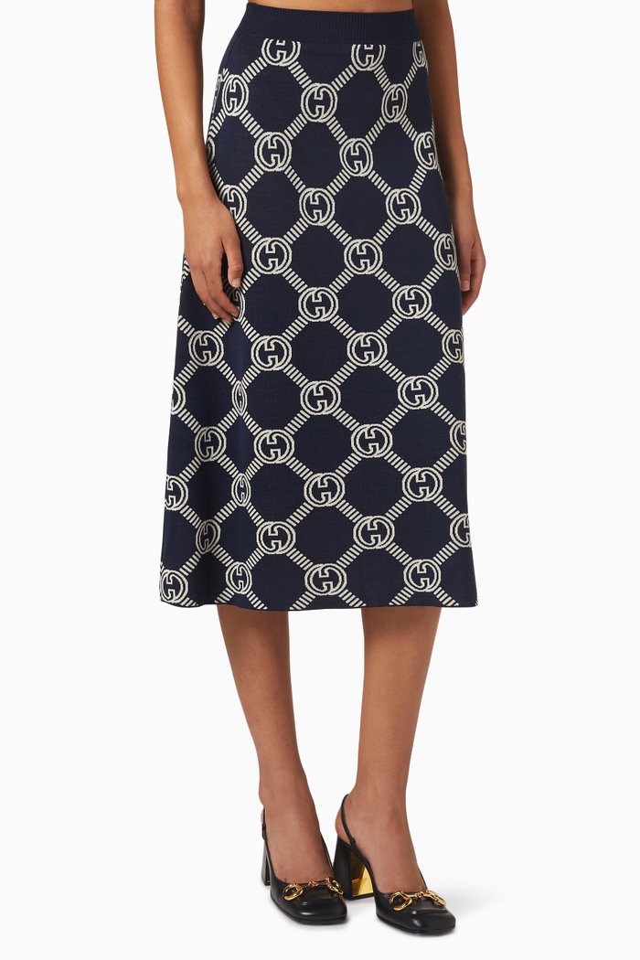 Reversible GG Skirt in Wool Jacquard, Blue