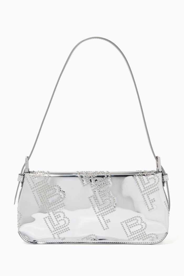 

Dulce Stud Lac Shoulder Bag in Metallic Leather, Silver