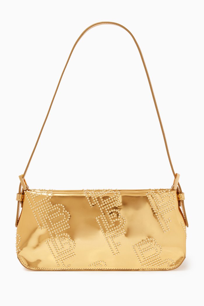 Dulce Stud Lac Shoulder Bag in Metallic Leather, Gold
