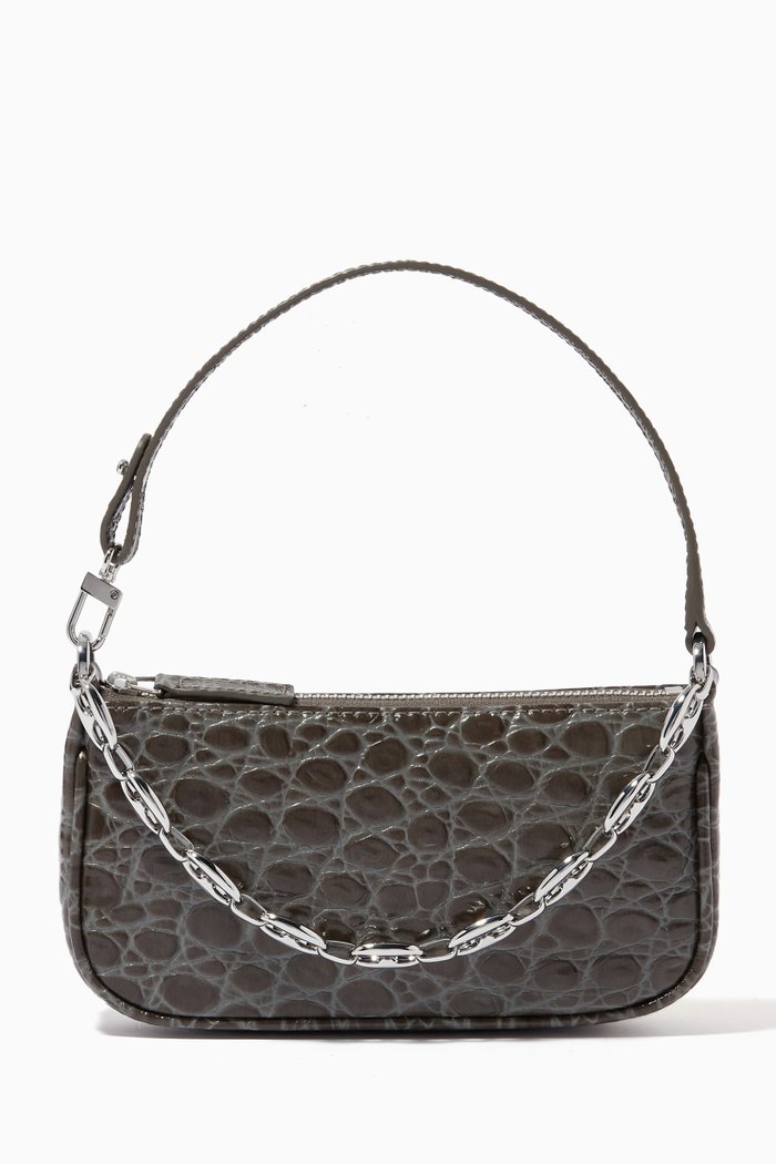 

Mini Rachel Shoulder Bag in Croc-embossed Leather, Grey