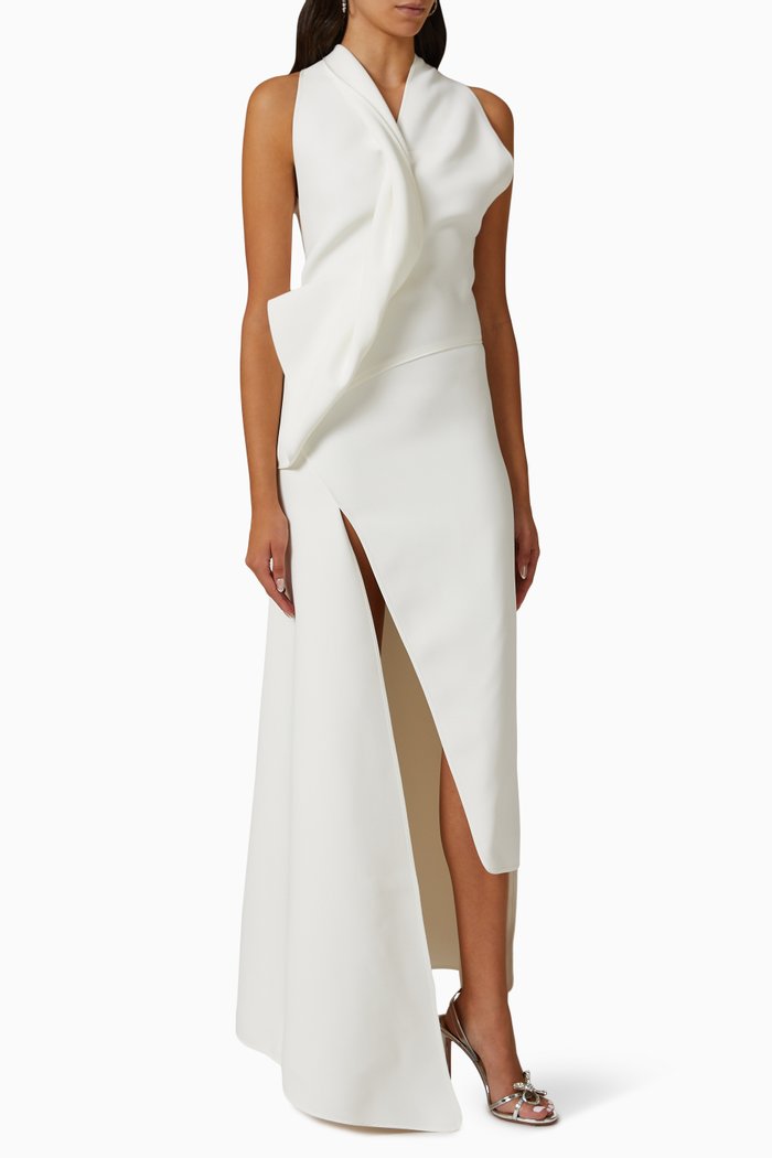 

Neros Asymmetrical Gown in Crepe, White