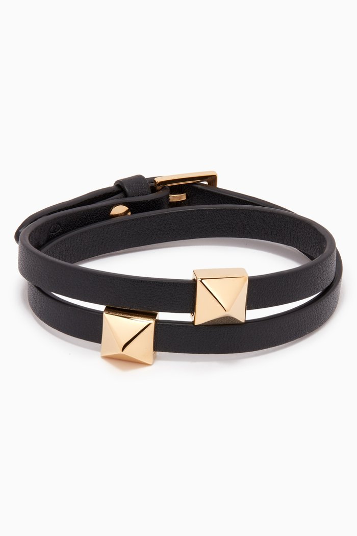 

Stud Double Wrap Bracelet in Leather, Black