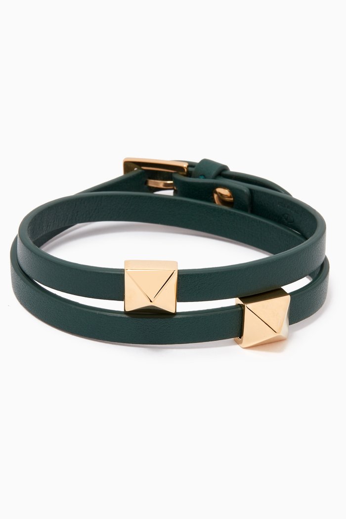 

Stud Double Wrap Bracelet in Leather, Green