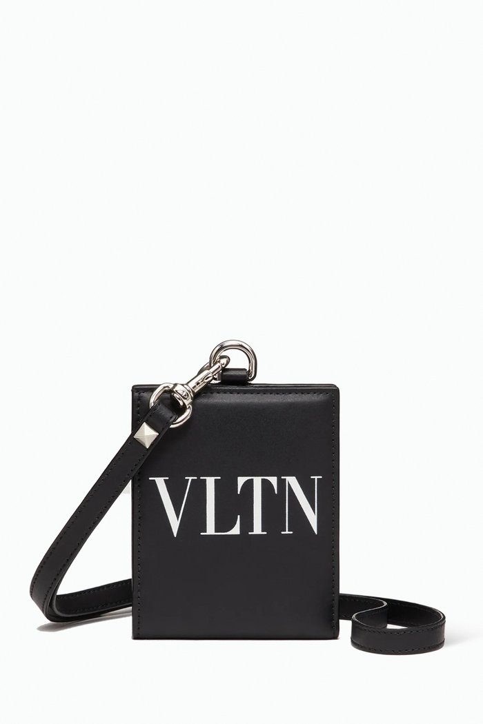 

Valentino Garavani VLTN Wallet with Neck Strap in Leather, Black