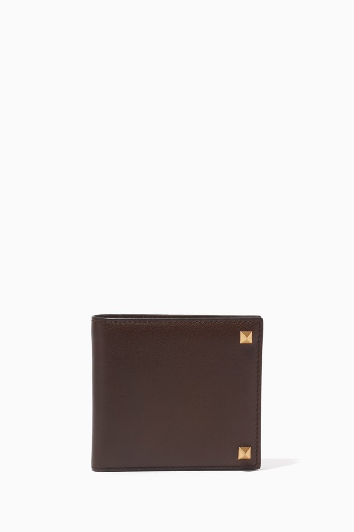 Valentino Garavani Rockstud Billfold Wallet in Leather, Brown
