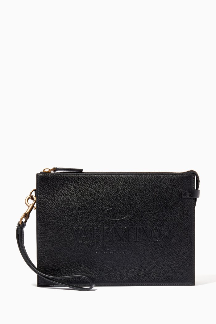

Valentino Garavani Logo Flat Pouch in Leather, Black