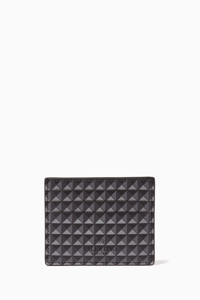 

Mini Stud Print Card Holder in Leather, Black