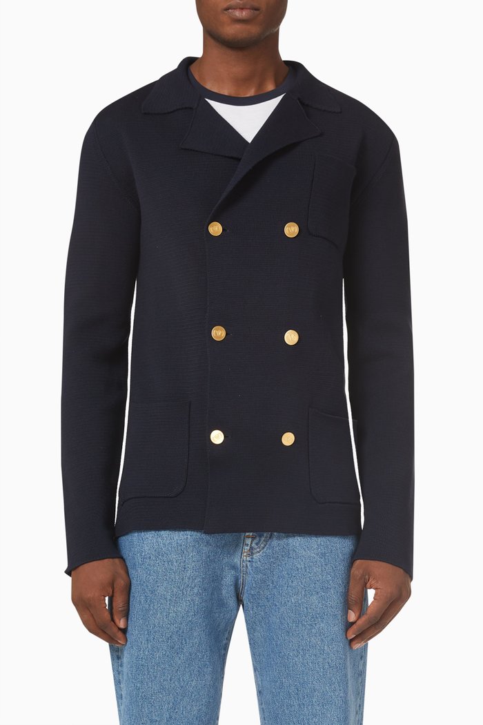 

VLOGO Double-breasted Cardigan in Cotton Knit, Blue