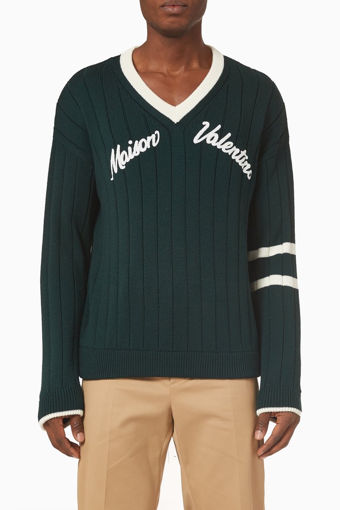

Maison Valentino Embroidery V-neck Sweater in Wool, Green