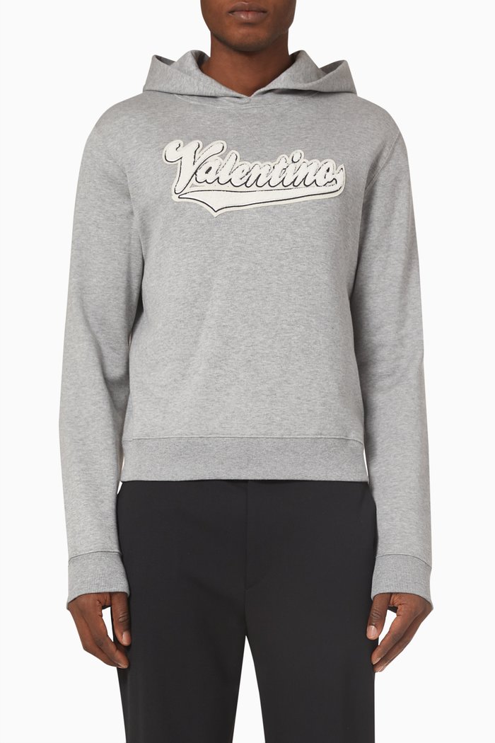 

Valentino Embroidered Patch Hooded Sweatshirt in Cotton, Grey
