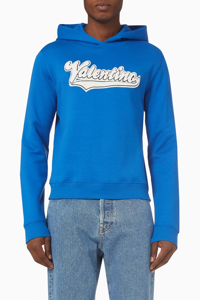 

Valentino Embroidered Patch Hooded Sweatshirt in Cotton, Blue