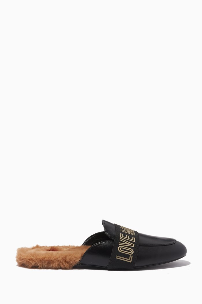

Logo Mules in Leather & Shearling, Black
