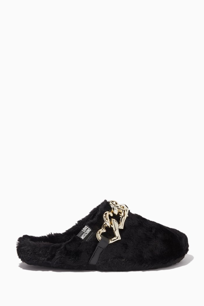 

Chunky Chain Mules in Faux Fur, Black